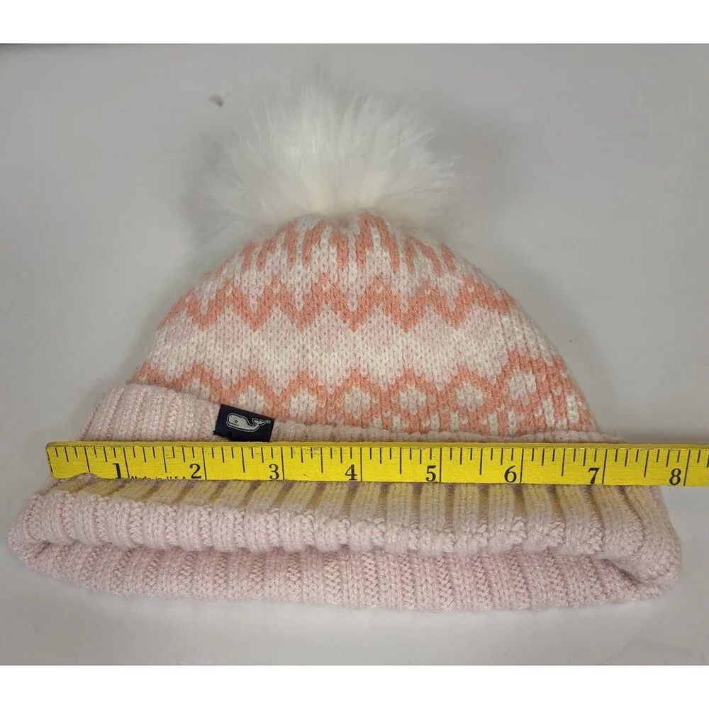 Vineyard Vines Fair Isle Print Pom Pom Beanie Pink Girls Youth One Size